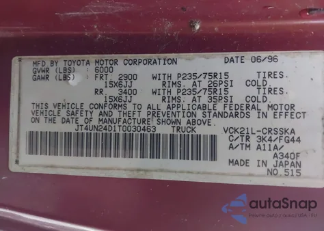 1996 Toyota T100 Xtracab Sr5 from USA, damaged, VIN JT4UN24D1T0030463